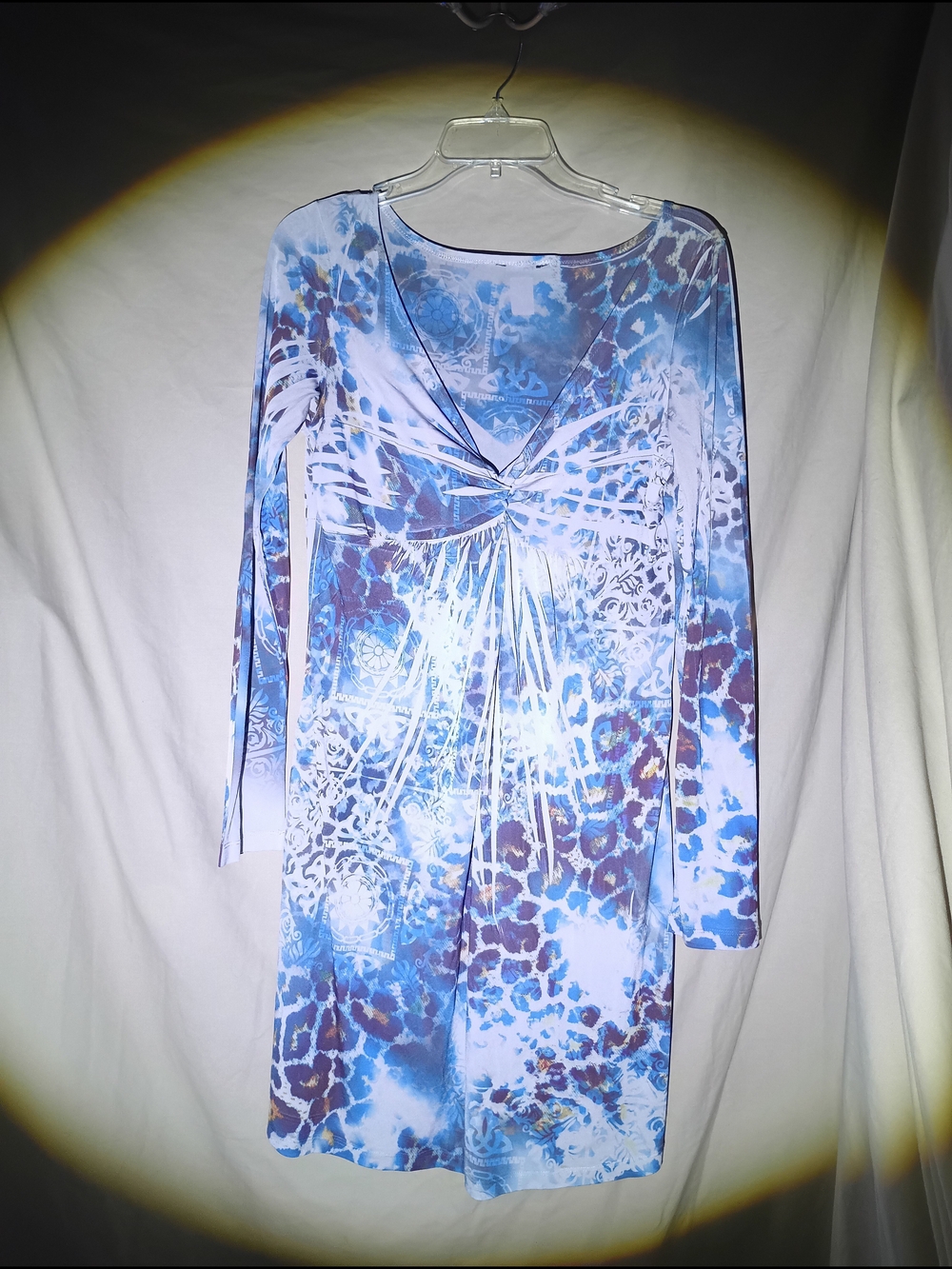 Blue Abstract Leopard Print Twist Front Dress Long Sleeve No Tags
